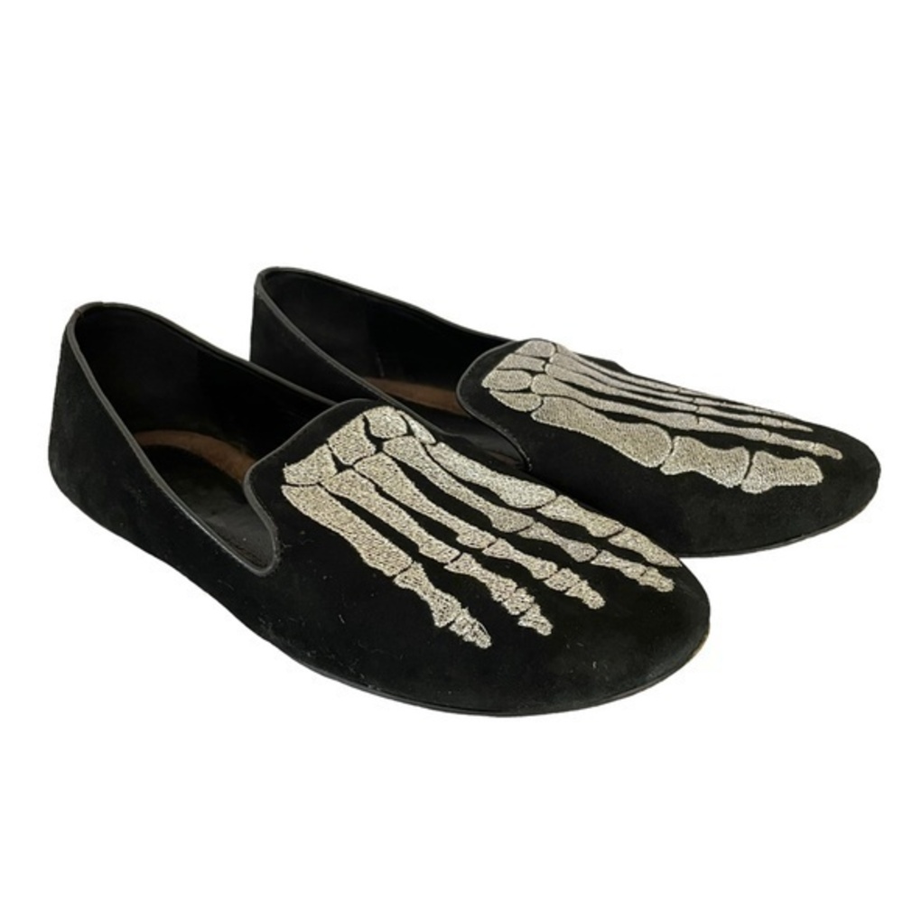 Mara & Mine Jem Skull Slippers Silver Embroidered Skeleton Suede Leather Flats
